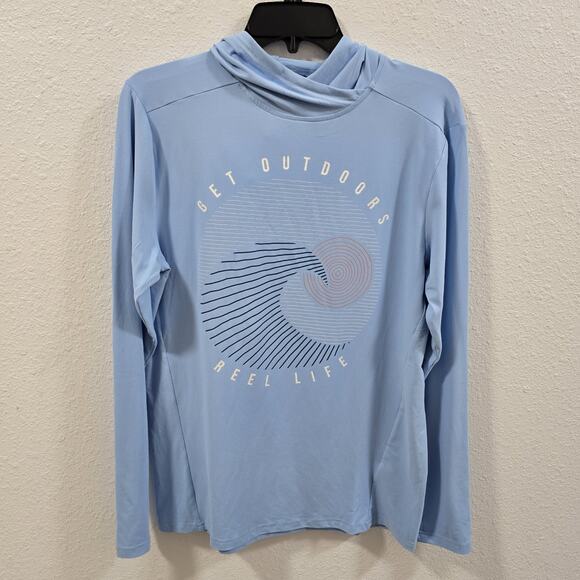 Reel Life Get Outdoors Performance Hoodie Shirt Light Blue UPF 50 S Long Sleeve - Picture 2 of 10